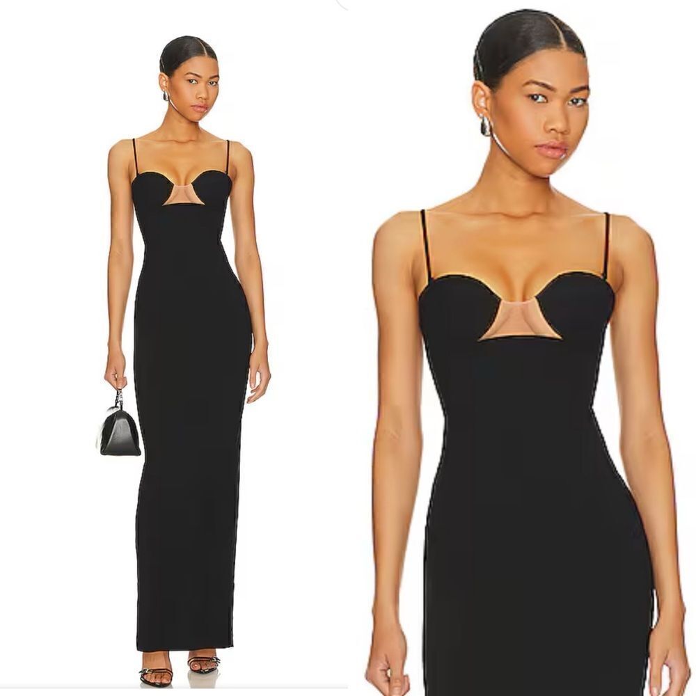 Nbd Jaxie Gown Black Stretch Maxi Dress Bustier Cut Out Slip Revolve Nwt Flaw S